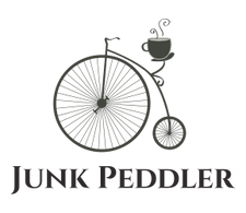 Antique Penny Farthing High Wheeler with coffee cup on seat is the logo of Junk Peddler online boutique and shop.  An online boutique and peddler of old junk, vintage collectibles and unique finds for you and your home.