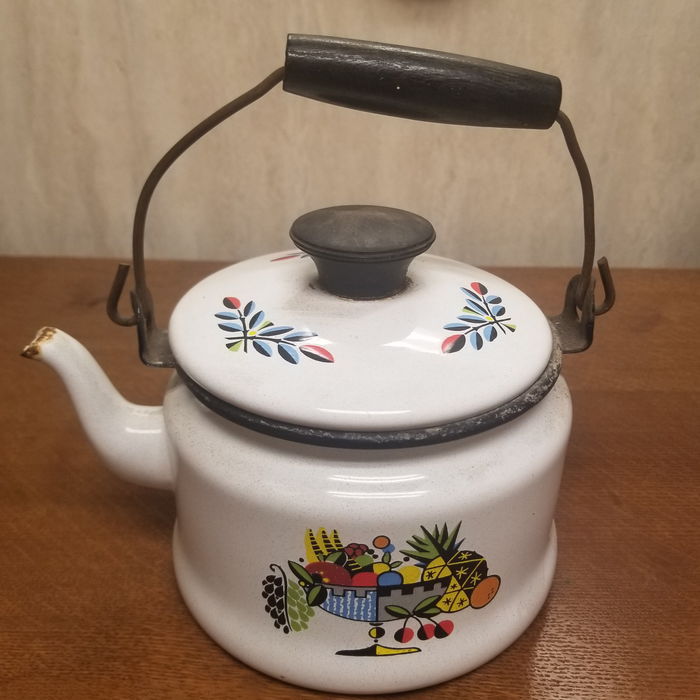 Vintage White Enamelware Handled Tea Pot - Main Image