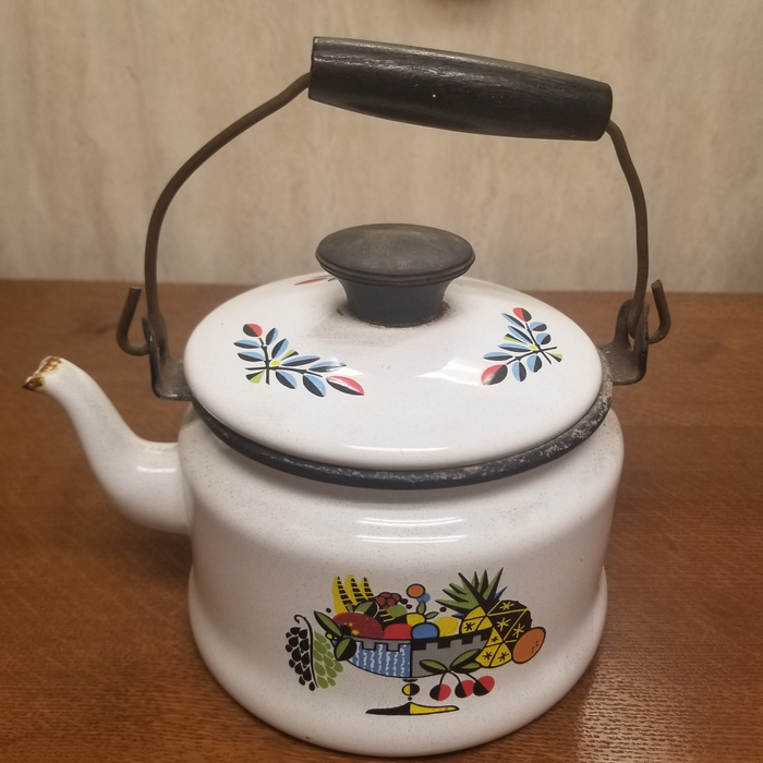 Vintage White Enamelware Handled Tea Pot - Junk Peddler